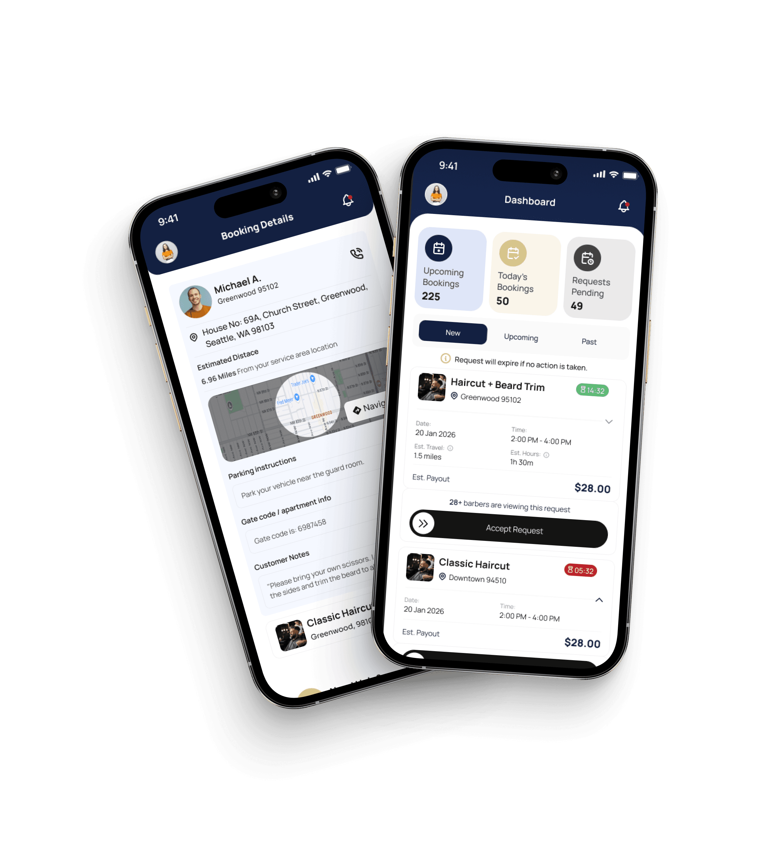 Barbers Network mobile app showing the barber dashboard with bookings and earnings